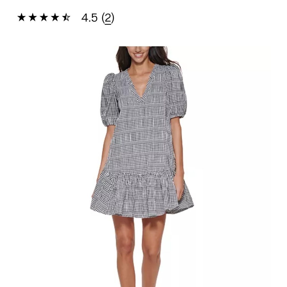 Calvin Klein puff sleeve flouncy dress V neck drop waste womens 2 gingham print